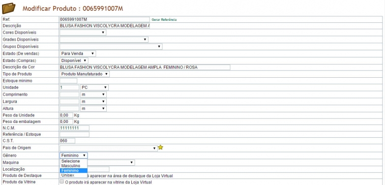 Gênero de produtos na versão 4.72 do APLWeb