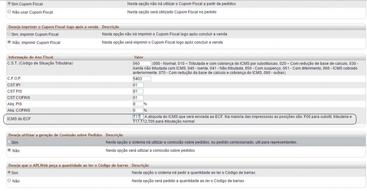 Novo parametro ICMS do ECF na versão 4.76 do APLWeb